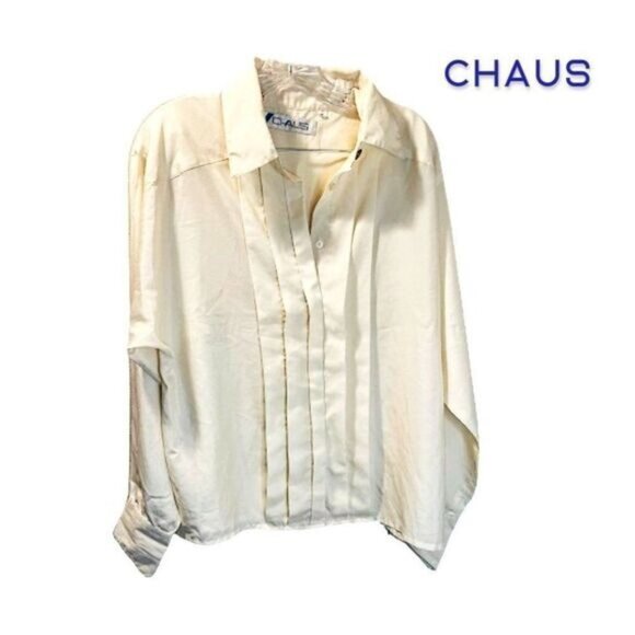 CHAUS Women's Pleated Button Down Polo‎ Shirt Classic Long Sleeve Collared Tops - Picture 1 of 5